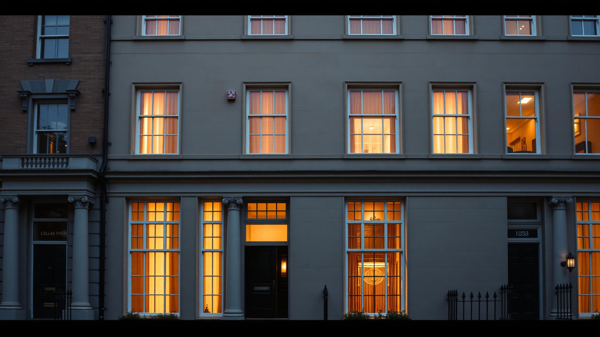 Elegant British townhouse facade at golden hour